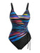 Blue 1940s Colorblock Striped Drawstring One-Piece Swimsuit - vintage swimsuit, pin-up style