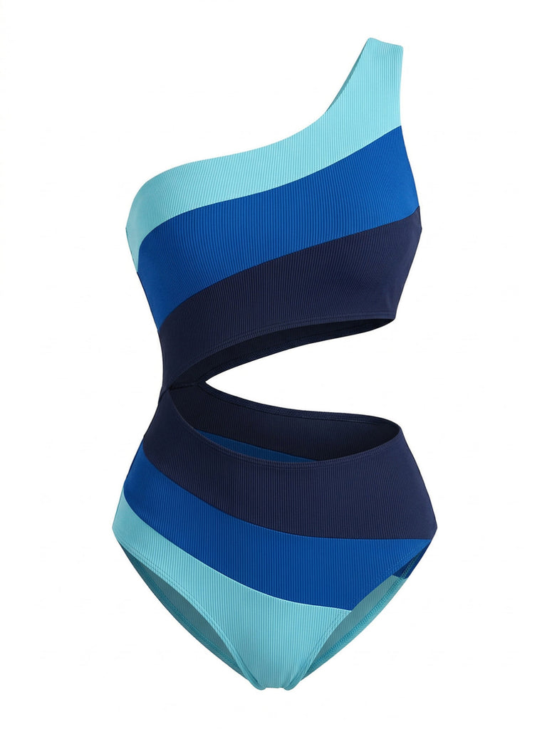 Blue 1940s One-Shoulder Striped Colorblock One-Piece Swimsuit - vintage swimsuit, pin-up style