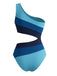 Blue 1940s One-Shoulder Striped Colorblock One-Piece Swimsuit - vintage swimsuit, pin-up style