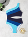Blue 1940s One-Shoulder Striped Colorblock One-Piece Swimsuit - vintage swimsuit, pin-up style