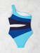 Blue 1940s One-Shoulder Striped Colorblock One-Piece Swimsuit - vintage swimsuit, pin-up style