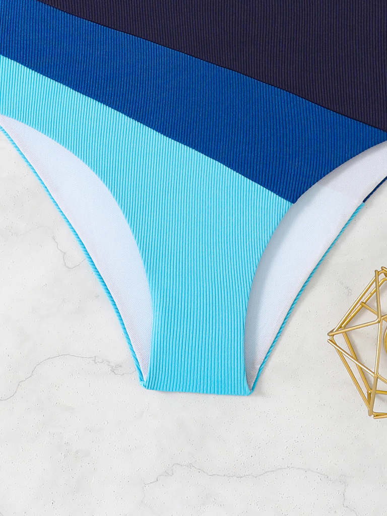 Blue 1940s One-Shoulder Striped Colorblock One-Piece Swimsuit - vintage swimsuit, pin-up style
