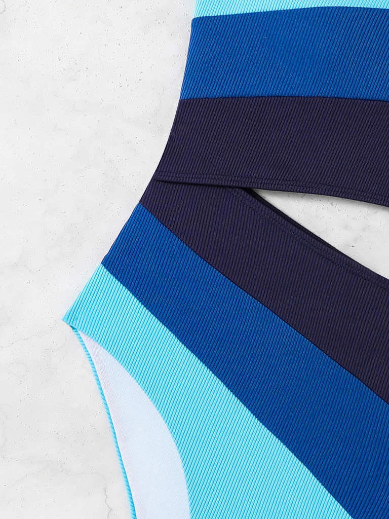 Blue 1940s One-Shoulder Striped Colorblock One-Piece Swimsuit - vintage swimsuit, pin-up style