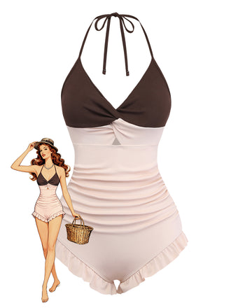 Brown & Pink 1940s Color-Block Ruffled High-Waisted Swimsuit - vintage swimsuit, pin-up style