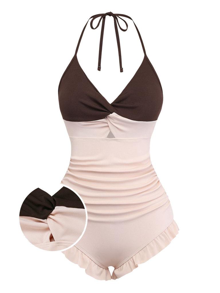 Brown & Pink 1940s Color-Block Ruffled High-Waisted Swimsuit - vintage swimsuit, pin-up style