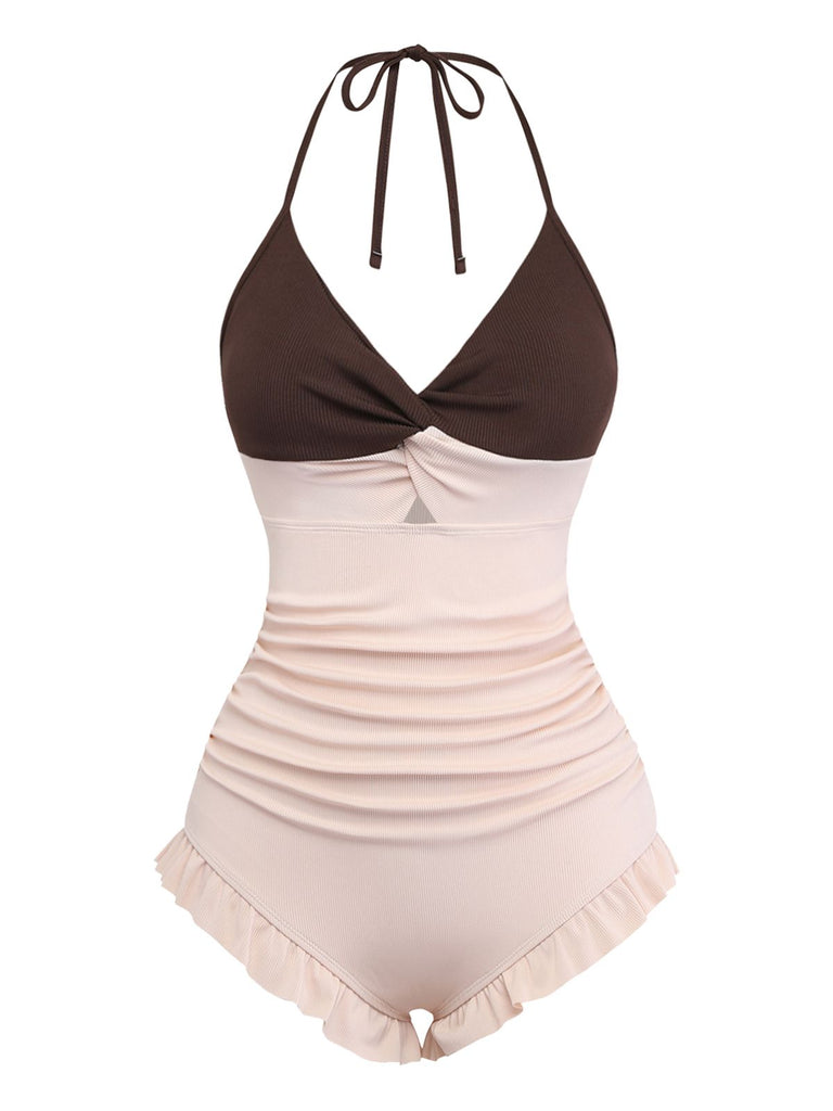 Brown & Pink 1940s Color-Block Ruffled High-Waisted Swimsuit - vintage swimsuit, pin-up style