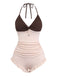 Brown & Pink 1940s Color-Block Ruffled High-Waisted Swimsuit - vintage swimsuit, pin-up style