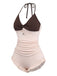 Brown & Pink 1940s Color-Block Ruffled High-Waisted Swimsuit - vintage swimsuit, pin-up style