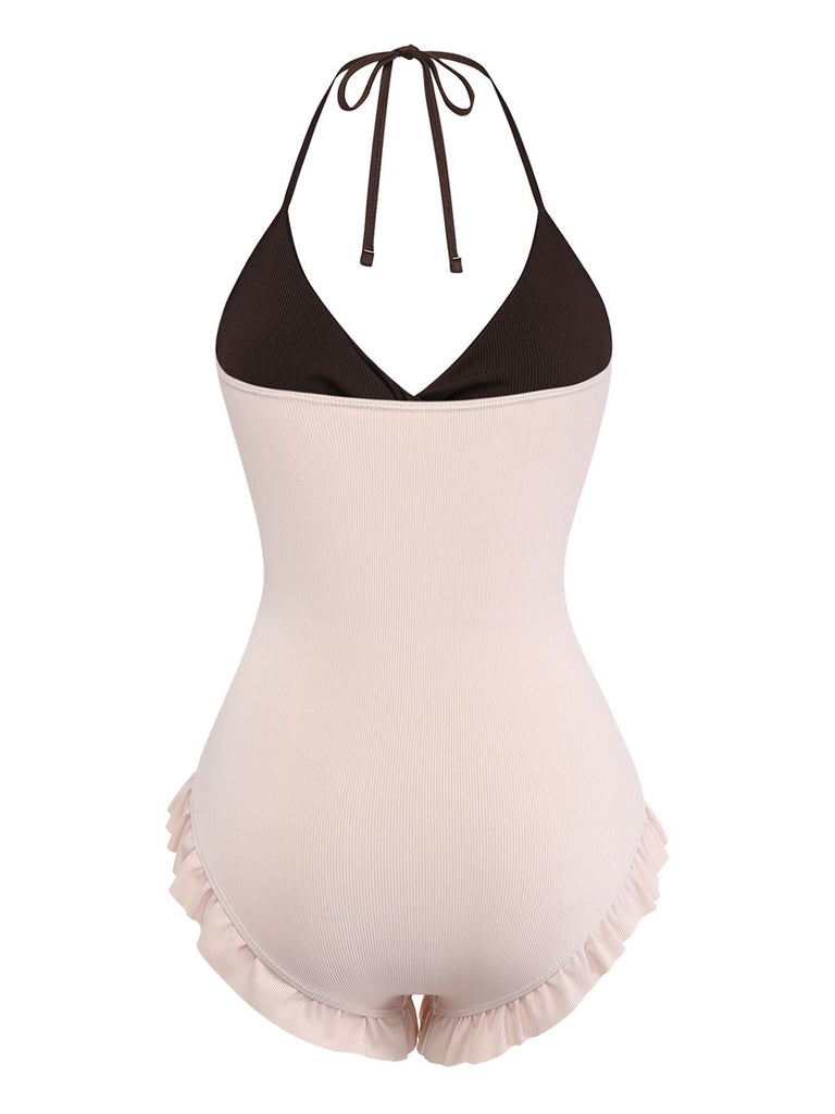 Brown & Pink 1940s Color-Block Ruffled High-Waisted Swimsuit - vintage swimsuit, pin-up style