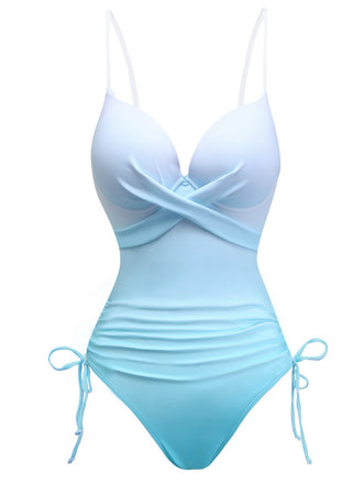 Light Blue 1940s Bow Spaghetti Strap One-Piece Swimsuit - vintage swimsuit, pin-up style