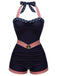 Navy Blue 1940s Lace-up Patchwork One Piece Swimsuit - vintage swimsuit, pin-up style