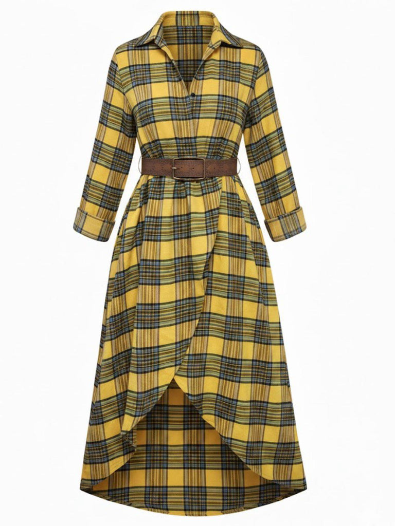 1940s Tartan Plaid Long Sleeve Belted Shirt Dress - vintage dress, retro fashion