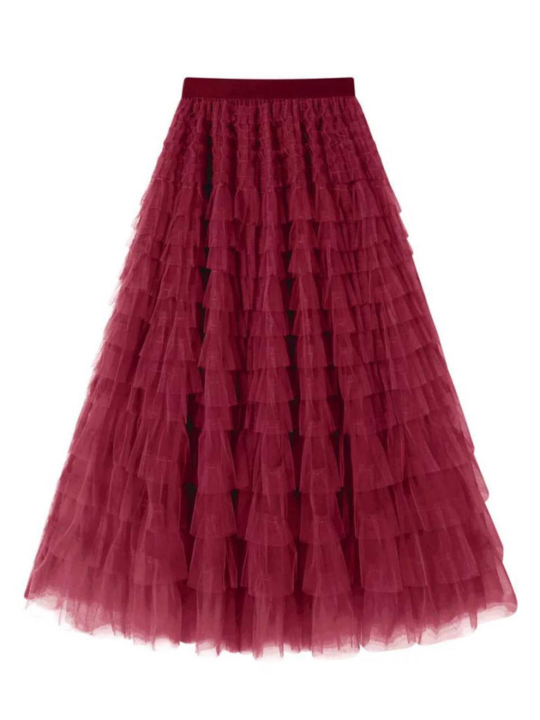 1940s Tiered Mesh Ruffle A-Line Solid Skirt - vintage skirt, retro style, elegant red