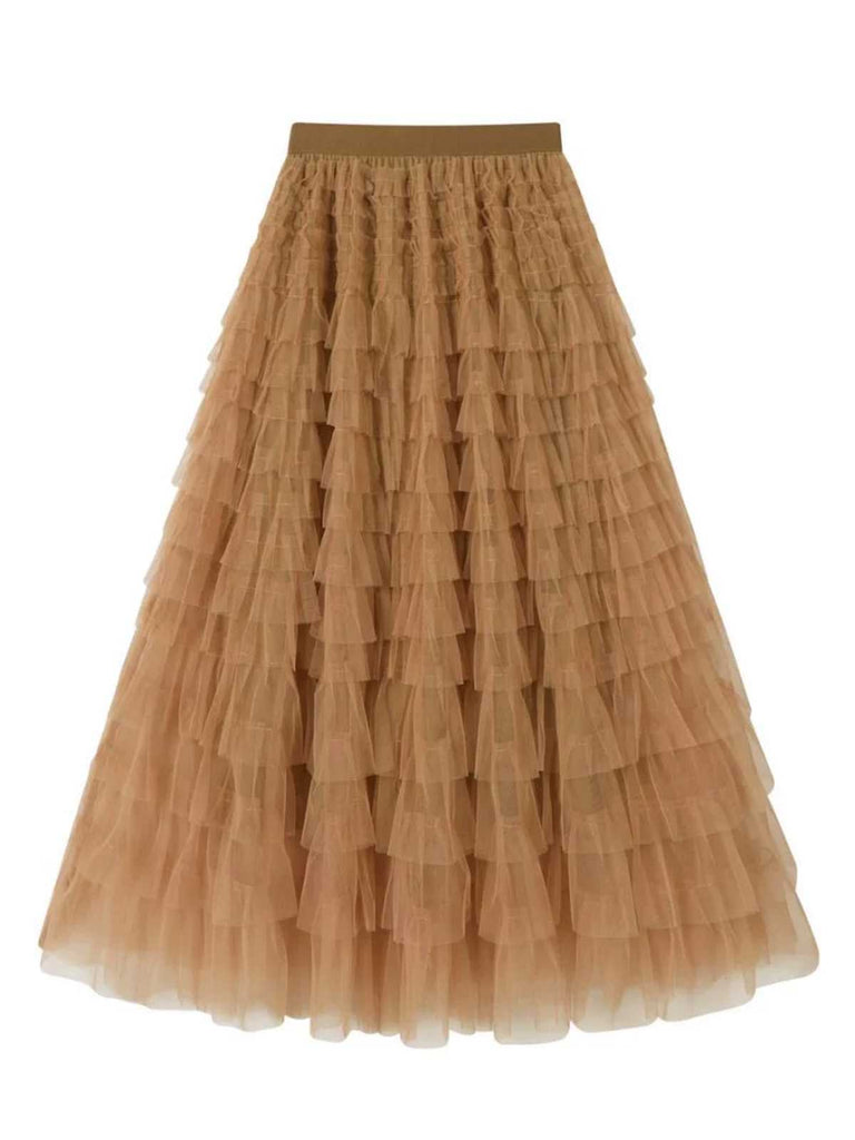 1940s Tiered Mesh Ruffle A-Line Solid Skirt - vintage skirt, retro style, elegant red