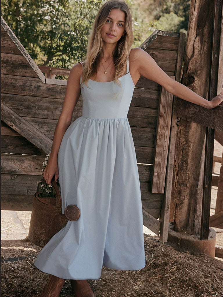 She slips into this 1940s U-Neck Spaghetti Strap Pleated Dress and suddenly it's a 1940s daydream