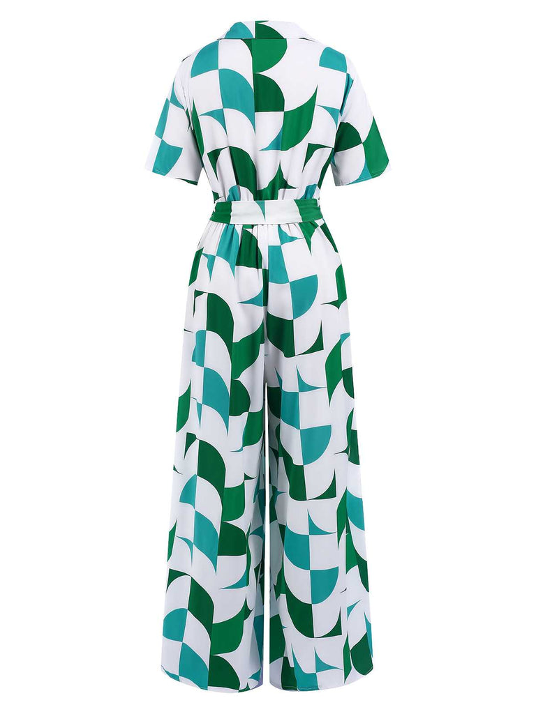 1940s V-Neck Contrast Print Belted Jumpsuit: 1940s detail work for the woman who notices