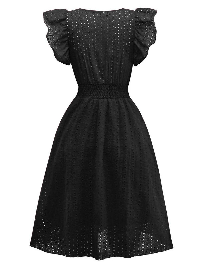 1940s V-Neck Cutout Cotton Smocked Ruffled Dress - vintage dress, retro fashion