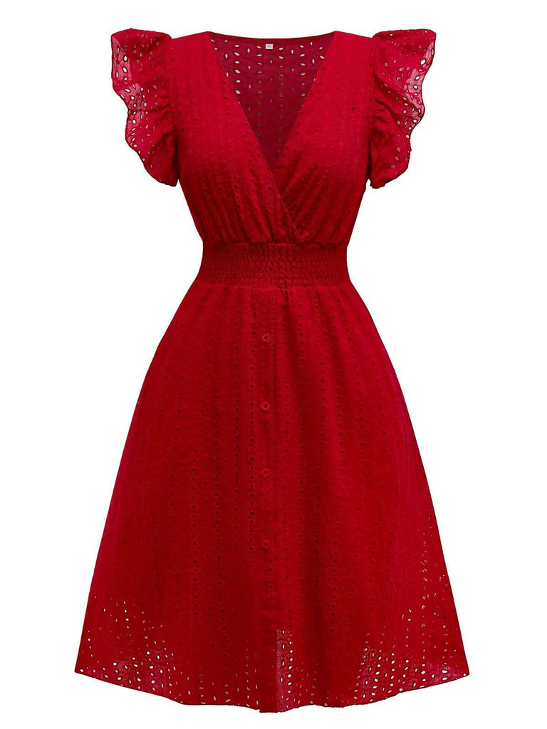 1940s V-Neck Cutout Cotton Smocked Ruffled Dress - vintage dress, retro fashion