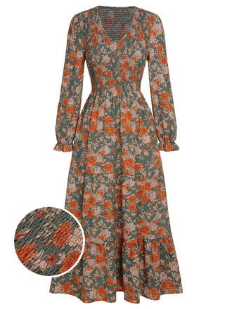 1940s V-Neck Floral Long-Sleeved Dress, vintage dress, retro fashion, floral print - perfect for women who love vintage and retro fashion