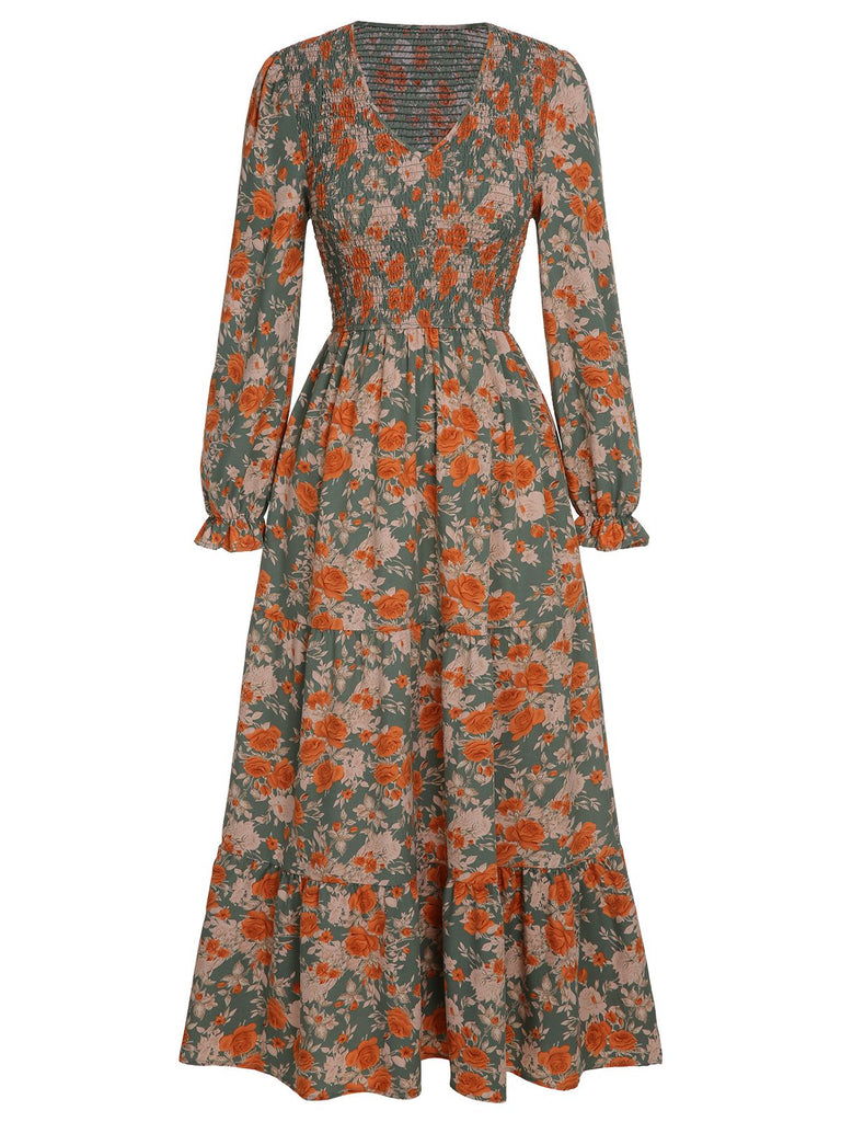 1940s V-Neck Floral Long-Sleeved Dress, vintage dress, retro fashion, floral print - perfect for women who love vintage and retro fashion