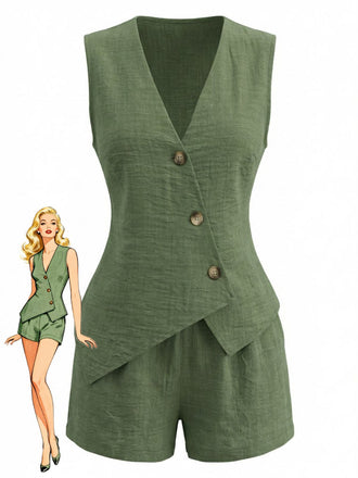 1940s V-Neck Lace-Up Vest & Shorts Set - vintage outerwear, retro jacket, classic elegance for vintage lovers