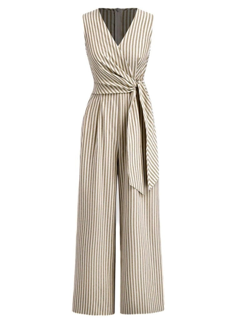 1940s V-Neck Striped Tie-Waist Sleeveless Jumpsuit - vintage jumpsuit, retro fashion