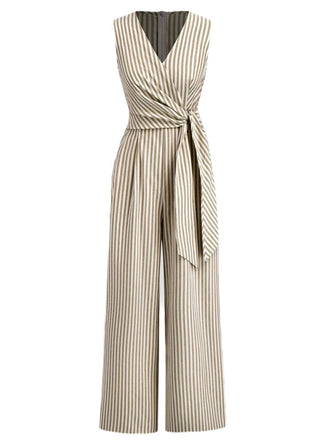 1940s V-Neck Striped Tie-Waist Sleeveless Jumpsuit - vintage jumpsuit, retro fashion