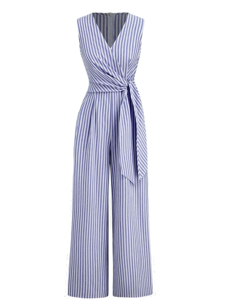 1940s V-Neck Striped Tie-Waist Sleeveless Jumpsuit - vintage jumpsuit, retro fashion