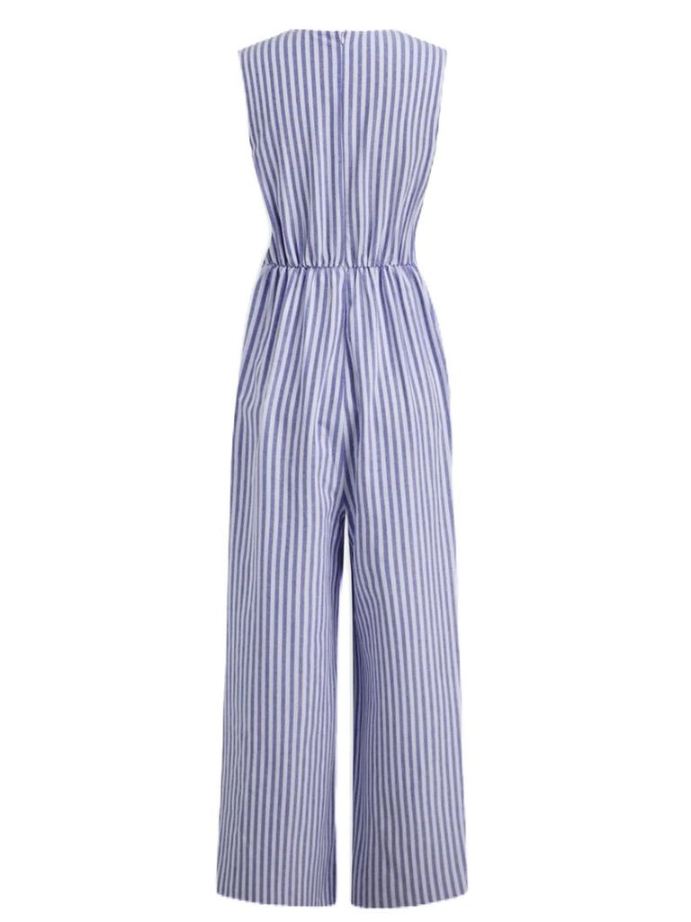 1940s V-Neck Striped Tie-Waist Sleeveless Jumpsuit - vintage jumpsuit, retro fashion