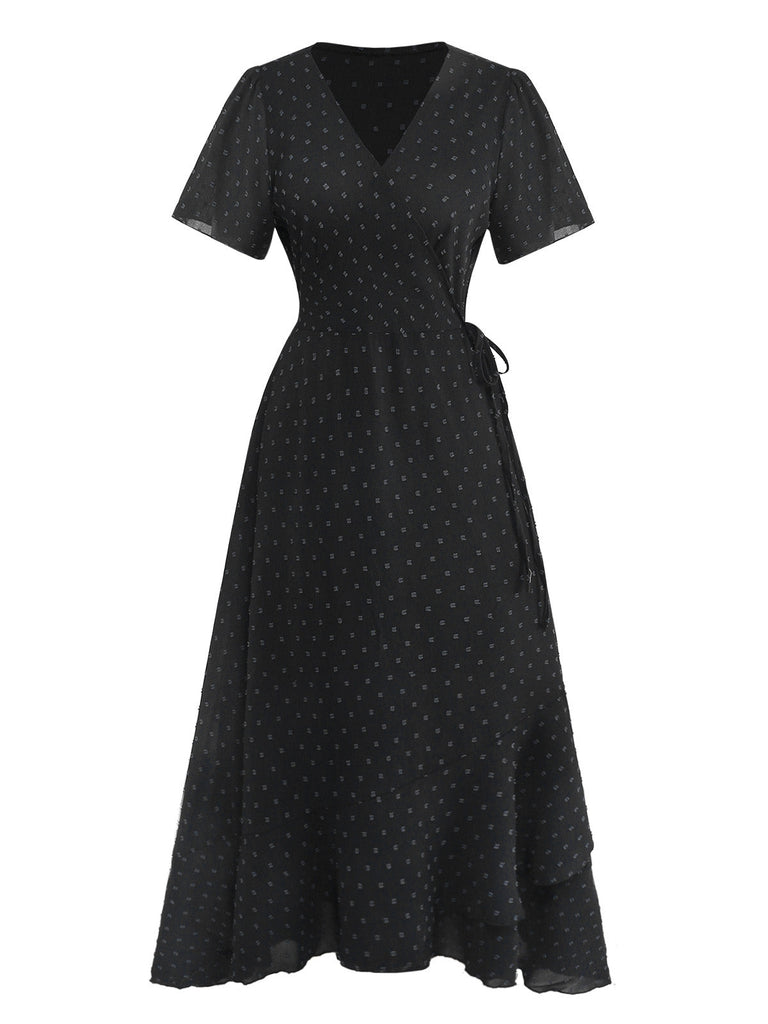 1940s V-Neck Textured Ruffle Hem Wrap Dress, vintage dress, retro fashion - perfect for women who love vintage and retro fashion