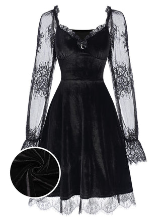 1940s Velvet Lace Flared Patchwork Dress, vintage dress, retro fashion, lace detail - perfect for women who love vintage and retro fashion