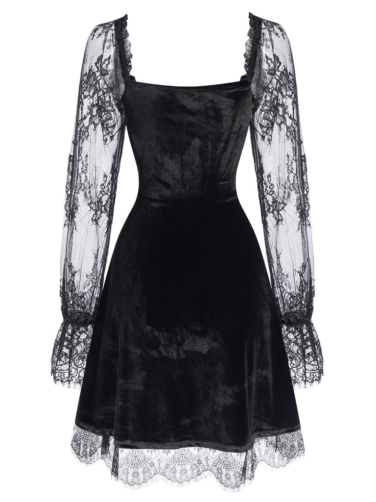 1940s Velvet Lace Flared Patchwork Dress, vintage dress, retro fashion, lace detail - perfect for women who love vintage and retro fashion