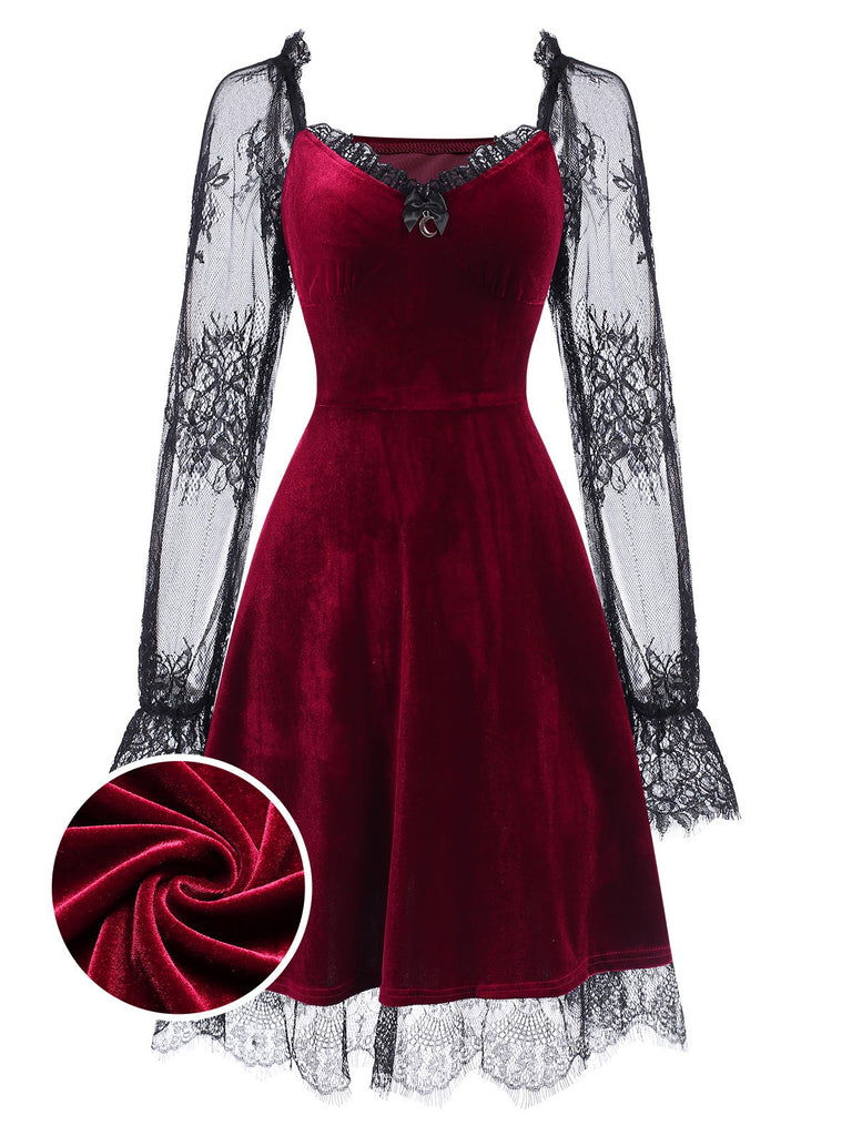 1940s Velvet Lace Flared Patchwork Dress, vintage dress, retro fashion, lace detail - perfect for women who love vintage and retro fashion