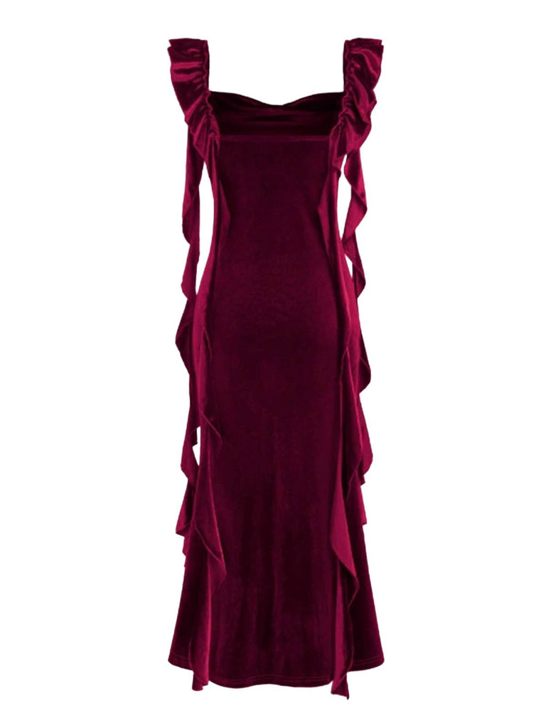 1940s Velvet Ribbon Strap Ruffled Detail Dress - vintage dress, retro fashion
