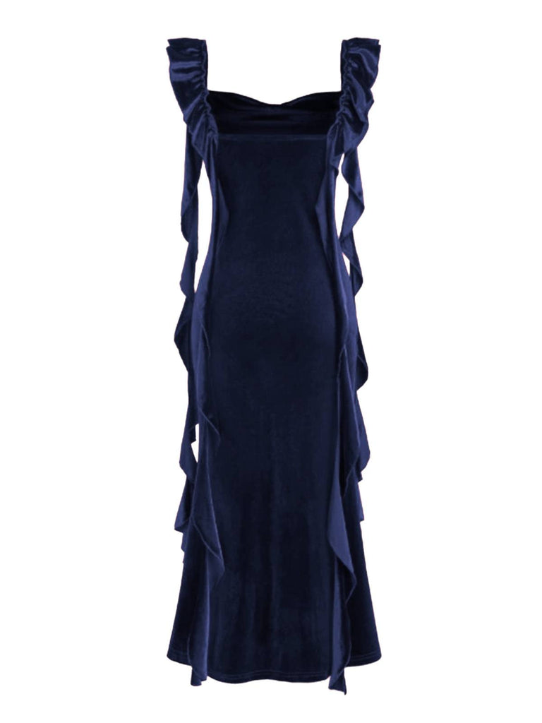 1940s Velvet Ribbon Strap Ruffled Detail Dress - vintage dress, retro fashion