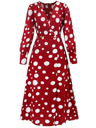 She slips into this 1940s Vintage Polka Dots Long Sleeve Slit Dress and suddenly it's a 1940s daydream
