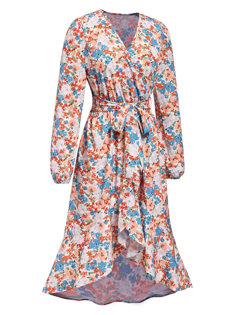 1940s Wrap Floral Ruffled Hem Belted Dress, vintage dress, retro fashion, floral print - perfect for women who love vintage and retro fashion