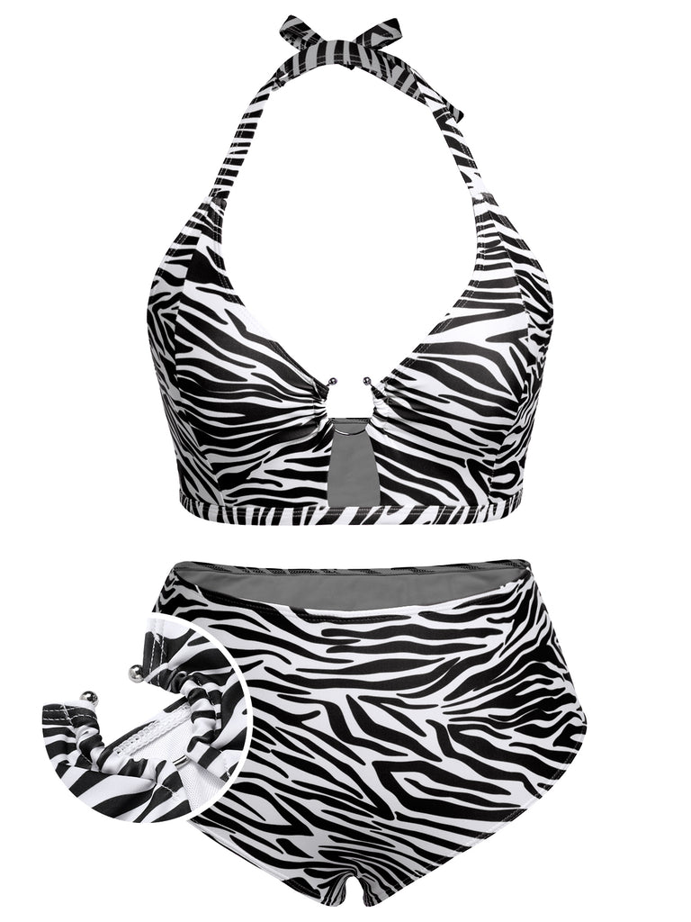 [Plus Size] 1940s Zebra Print Cutout Halter Swimsuit, vintage swimsuit, pin-up swimwear - perfect for women who love vintage and retro fashion