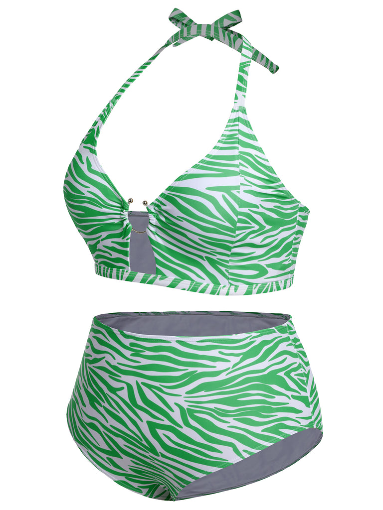 [Plus Size] 1940s Zebra Print Cutout Halter Swimsuit, vintage swimsuit, pin-up swimwear - perfect for women who love vintage and retro fashion