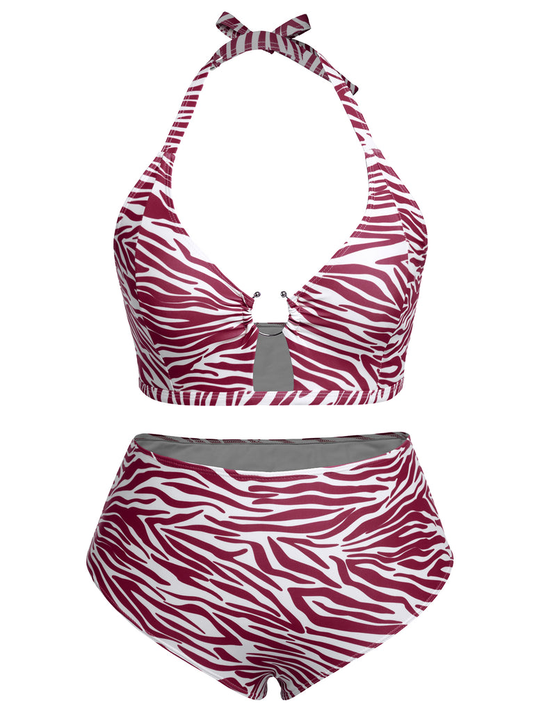 [Plus Size] 1940s Zebra Print Cutout Halter Swimsuit, vintage swimsuit, pin-up swimwear - perfect for women who love vintage and retro fashion