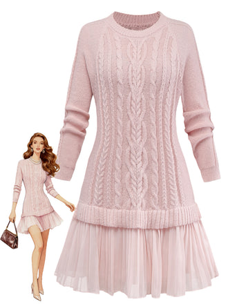 1940s Solid Cable Knit Pleated Hem Sweater Dress, vintage dress, retro fashion - perfect for women who love vintage and retro fashion