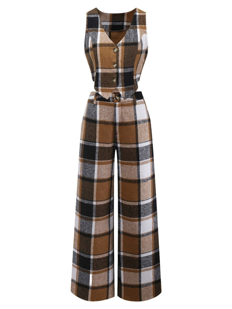 2PCS Khaki 1950s Faux Wool Plaid Sleeveless Vest & Pants - vintage fashion, retro style
