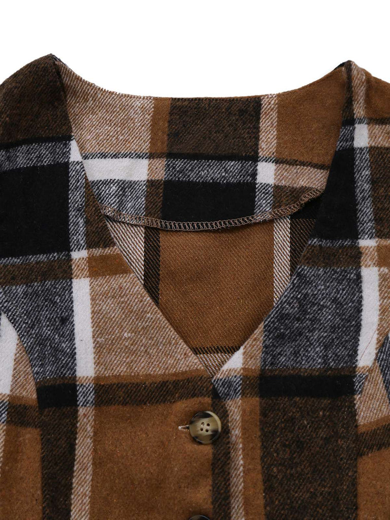 2PCS Khaki 1950s Faux Wool Plaid Sleeveless Vest & Pants - vintage fashion, retro style