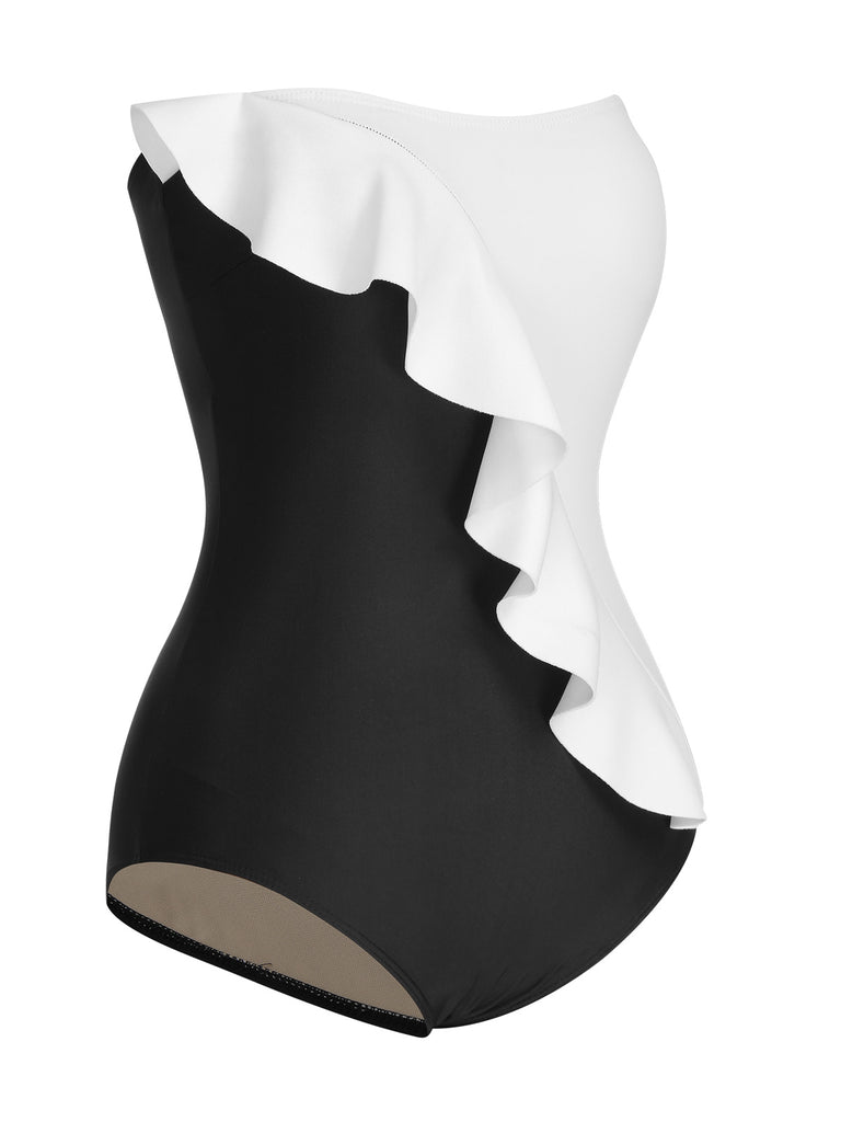1950s 3D Ruffles Strapless Solid Swimsuit, vintage swimsuit, pin-up swimwear - perfect for women who love vintage and retro fashion