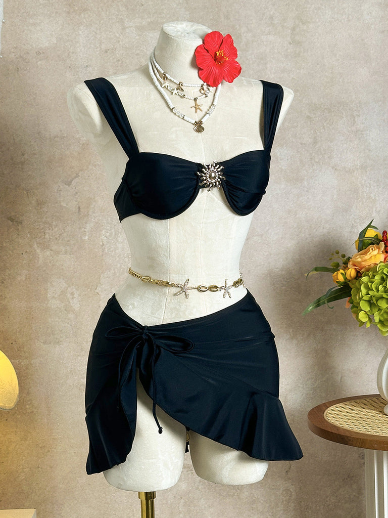 3PCS 1950s Solid Metal Sun Chain Accent Bikini Set & Cover-Up - vintage fashion, retro style