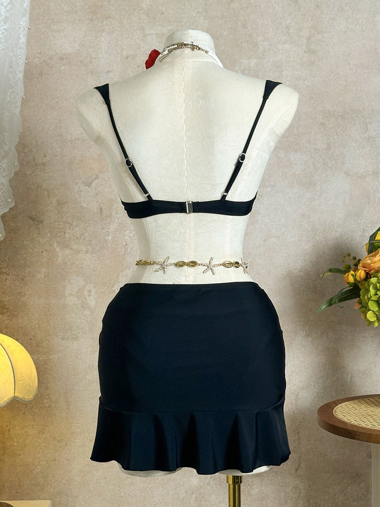 3PCS 1950s Solid Metal Sun Chain Accent Bikini Set & Cover-Up - vintage fashion, retro style