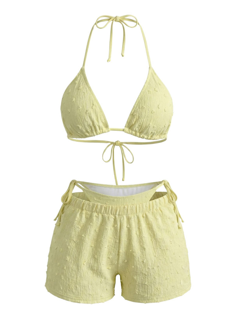 3PCS Yellow 1950s Textured Halter Bikini Set & Shorts - vintage fashion, retro style, elegant red