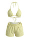 3PCS Yellow 1950s Textured Halter Bikini Set & Shorts - vintage fashion, retro style, elegant red