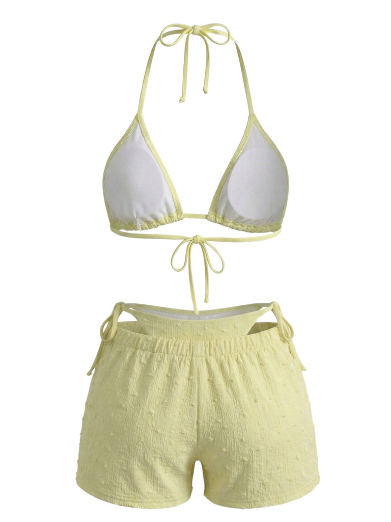 3PCS Yellow 1950s Textured Halter Bikini Set & Shorts - vintage fashion, retro style, elegant red