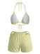 3PCS Yellow 1950s Textured Halter Bikini Set & Shorts - vintage fashion, retro style, elegant red